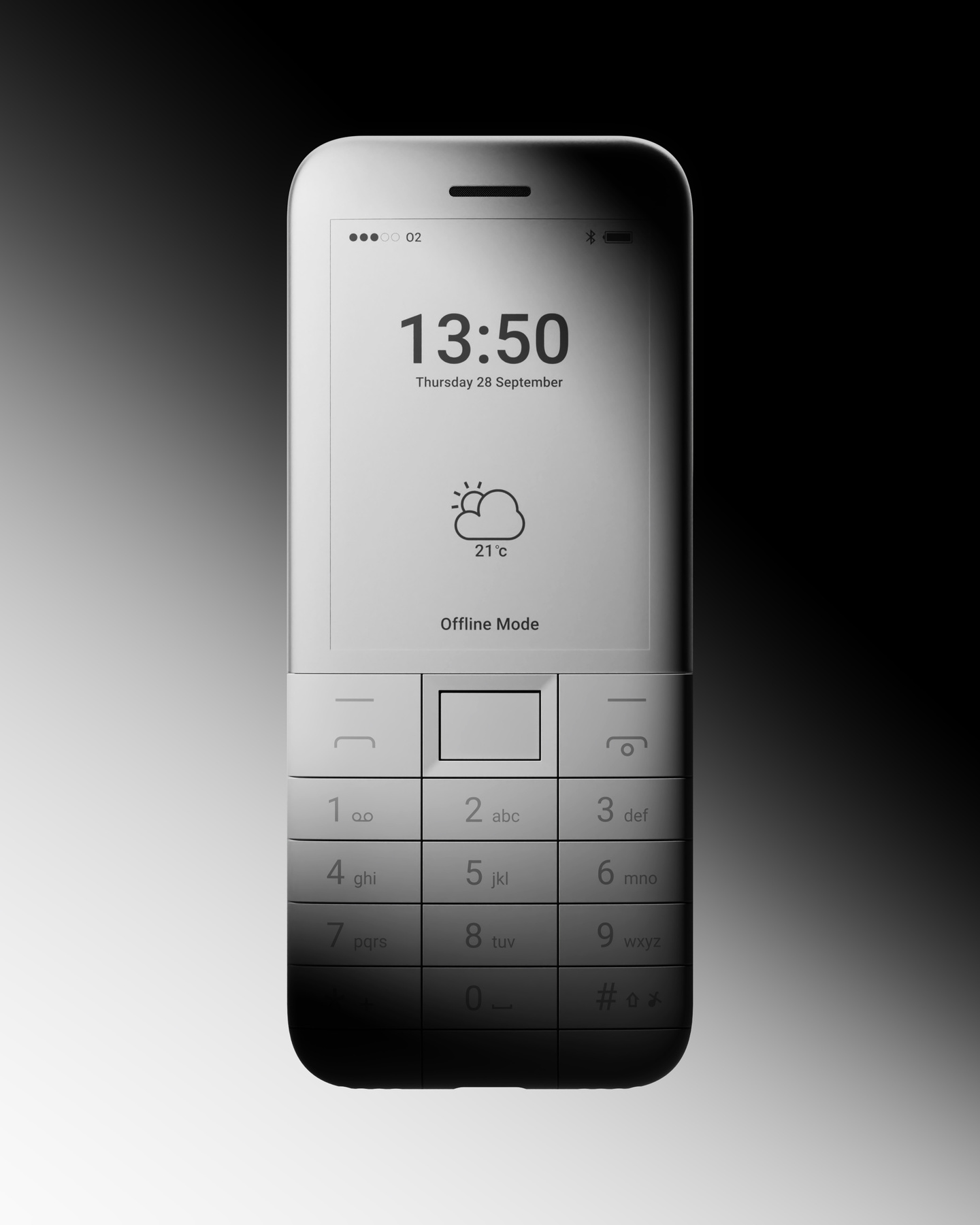 White mobile phone with digital screen display lit against a dark background.