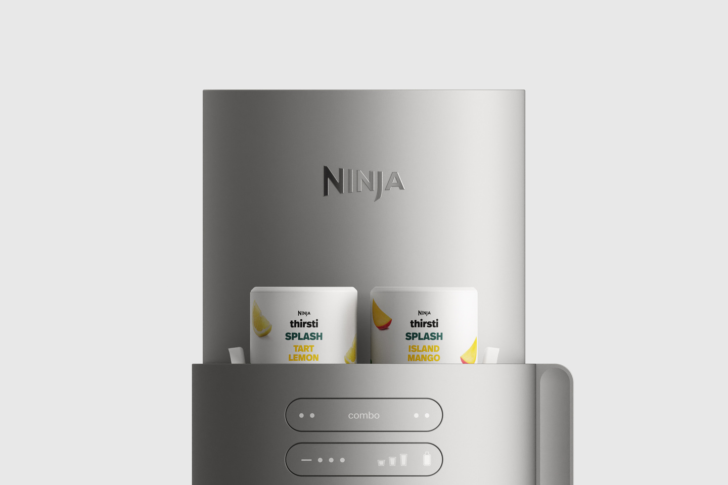 Grey countertop appliance with two white cups placed in the front recessed bay