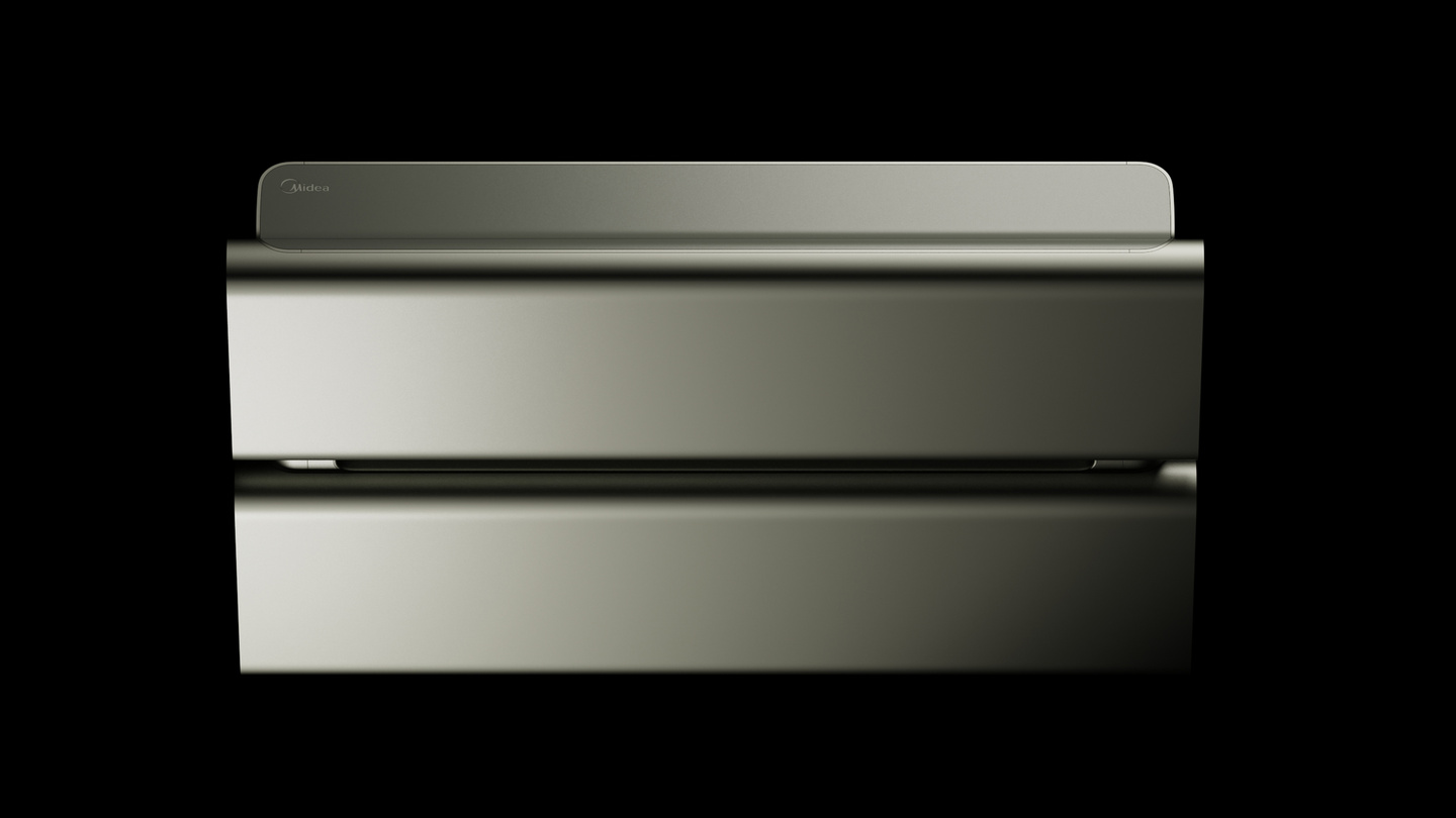 Metallic wall-mounted air conditioner unit displayed on a dark background.