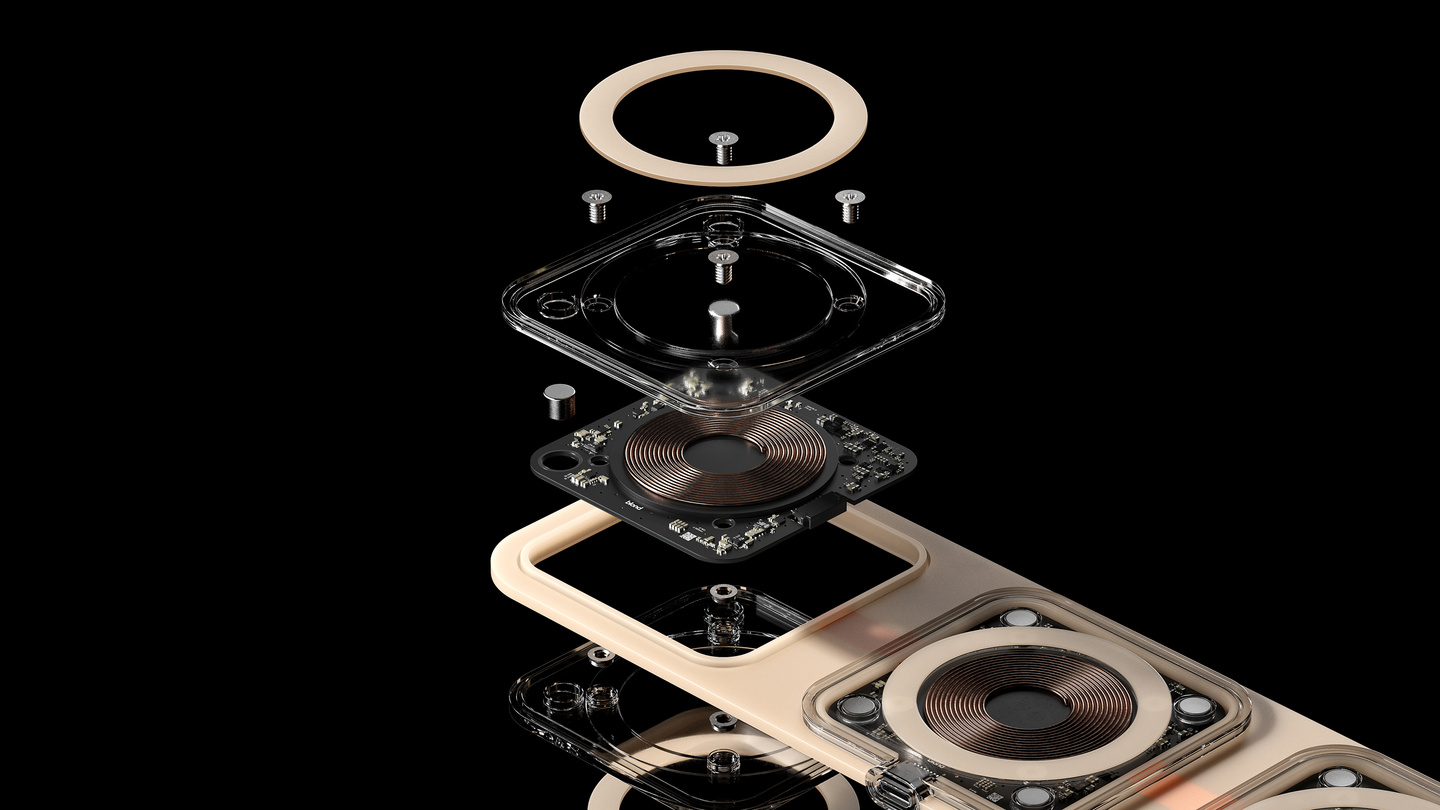 Exploded layout showing outer housing and inner circuit elements of the charger.