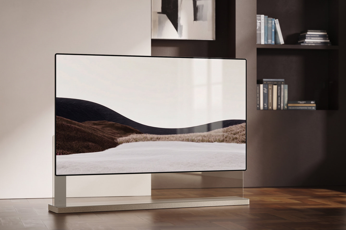 LG Signature OLED TV displaying landscape in a modern living room setting.