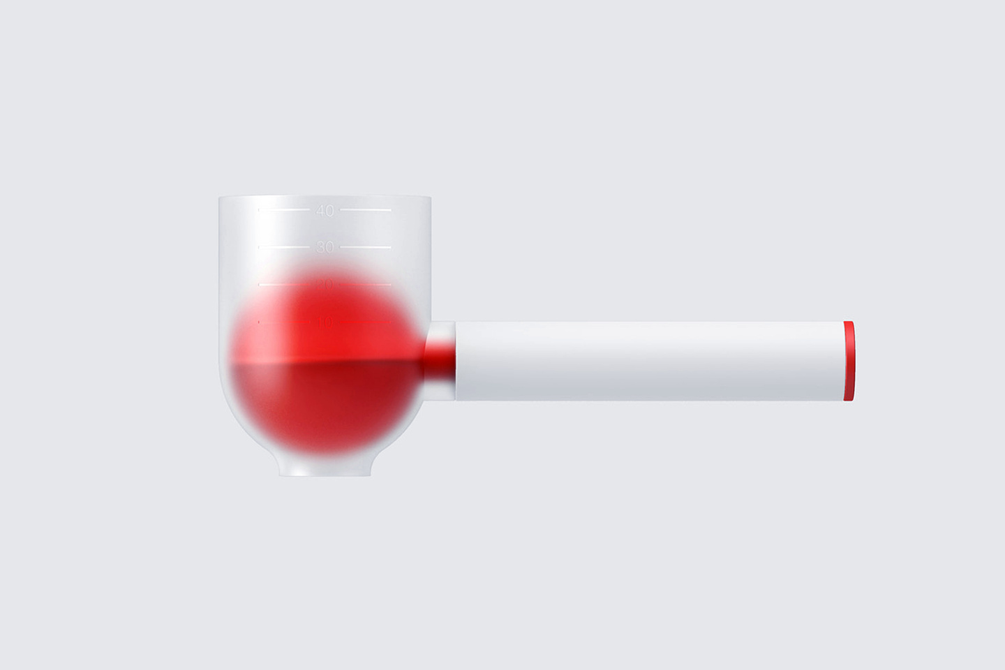 Red spherical scoop product with a white handle against a grey background