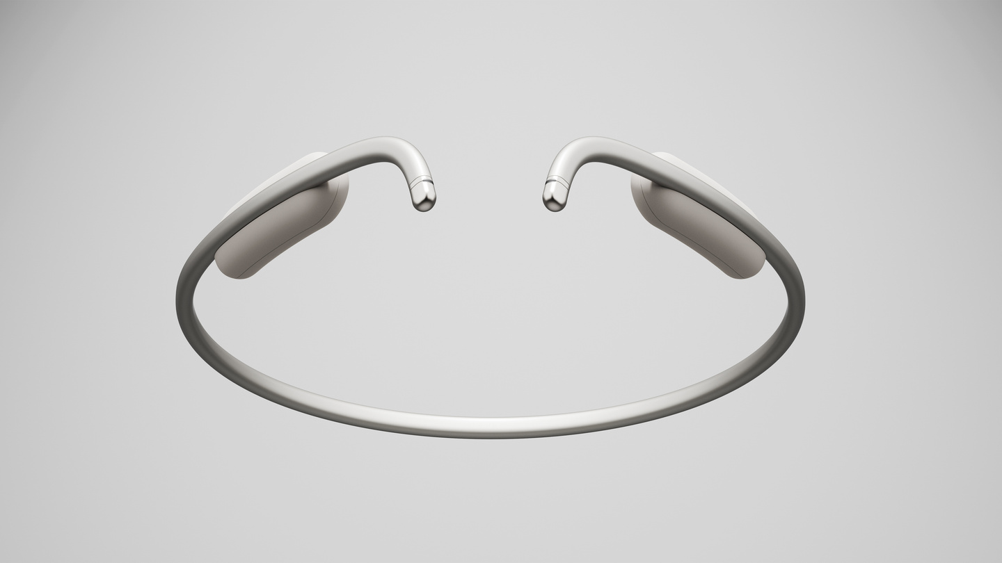 Product render of the flexible grey Clay AI wearable neckband resting against a neutral background