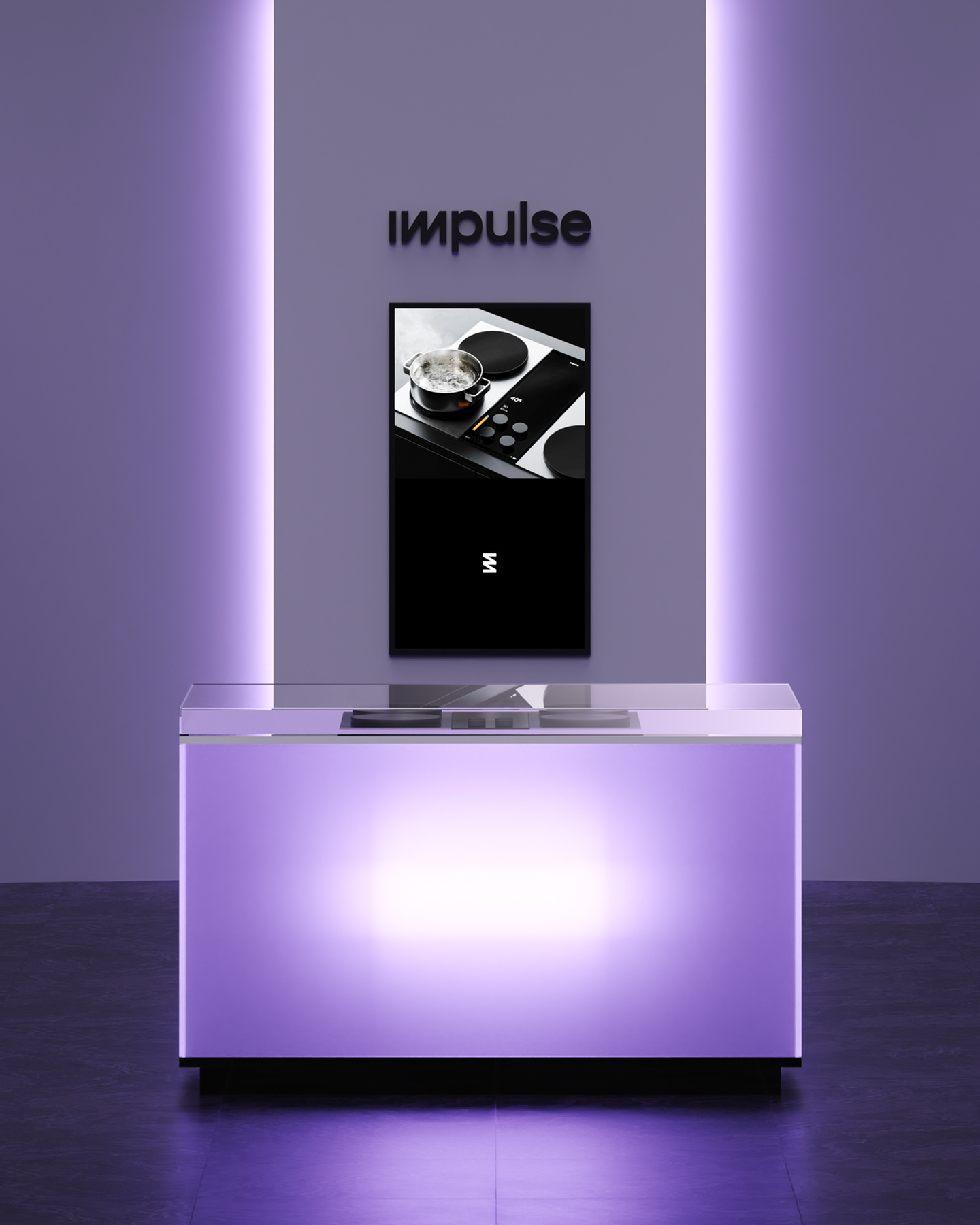 Vertical digital display screen mounted on an illuminated purple plinth.