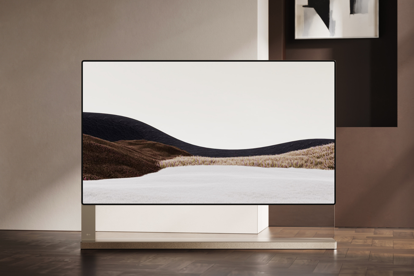 Television on a minimalist stand in a bright interior space.