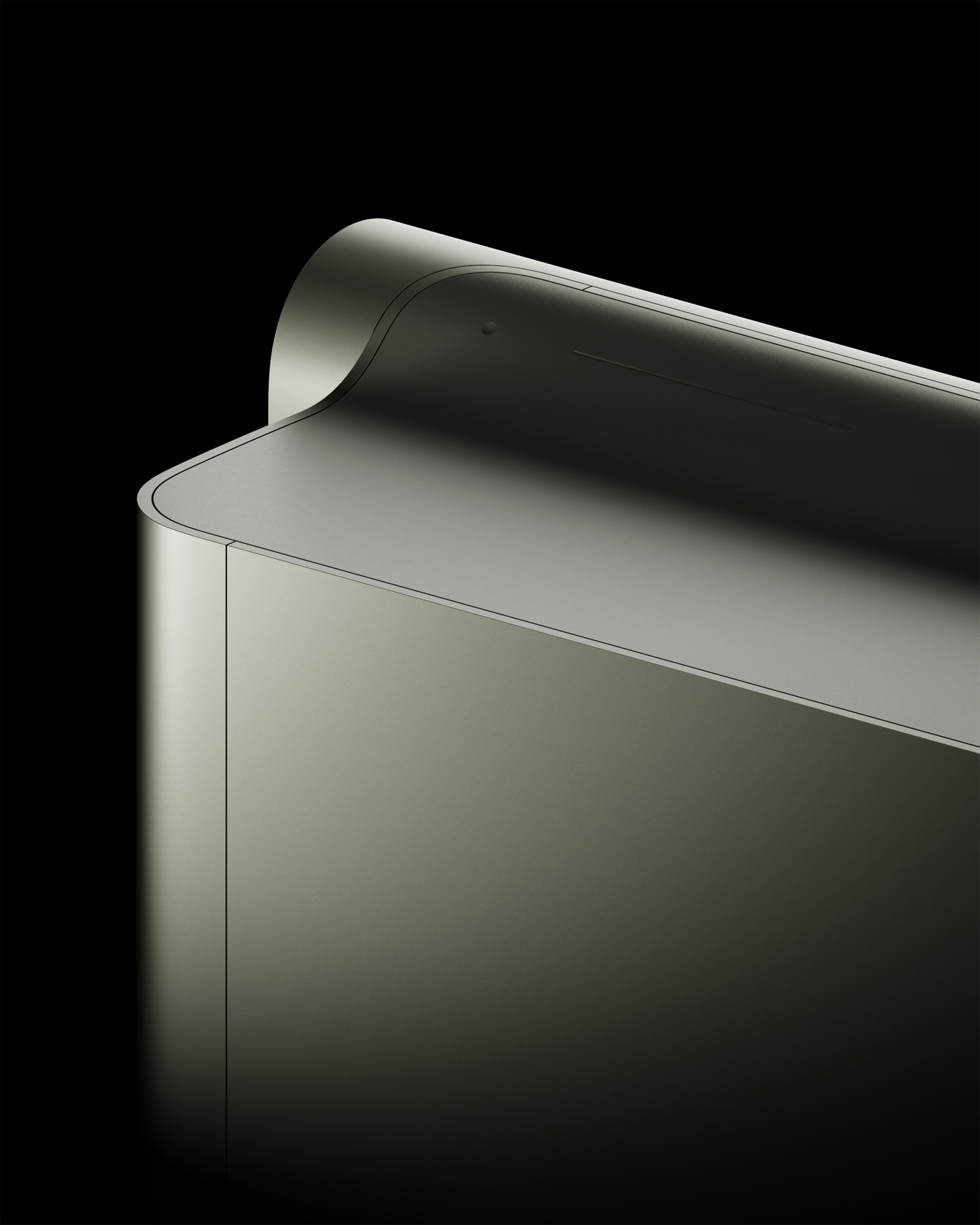 Close-up view of the top curved corner and seam of a metallic air conditioner.