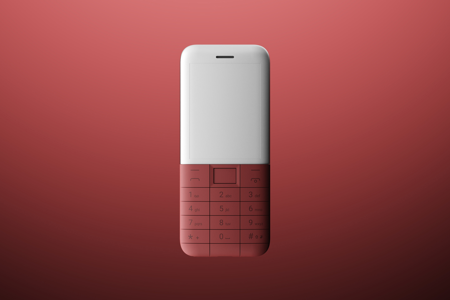 Terracotta and white minimalist keypad phone set against a gradient red background.