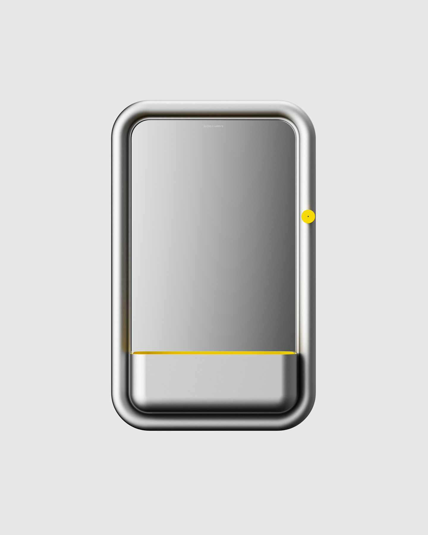 Rectangular grey and yellow hardware display module mounted on a light background
