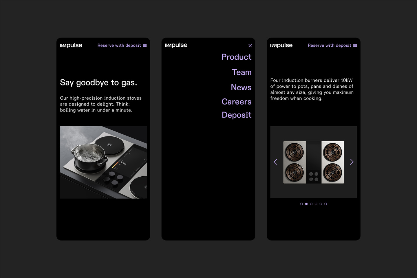 Three mobile app user interface screen designs side by side