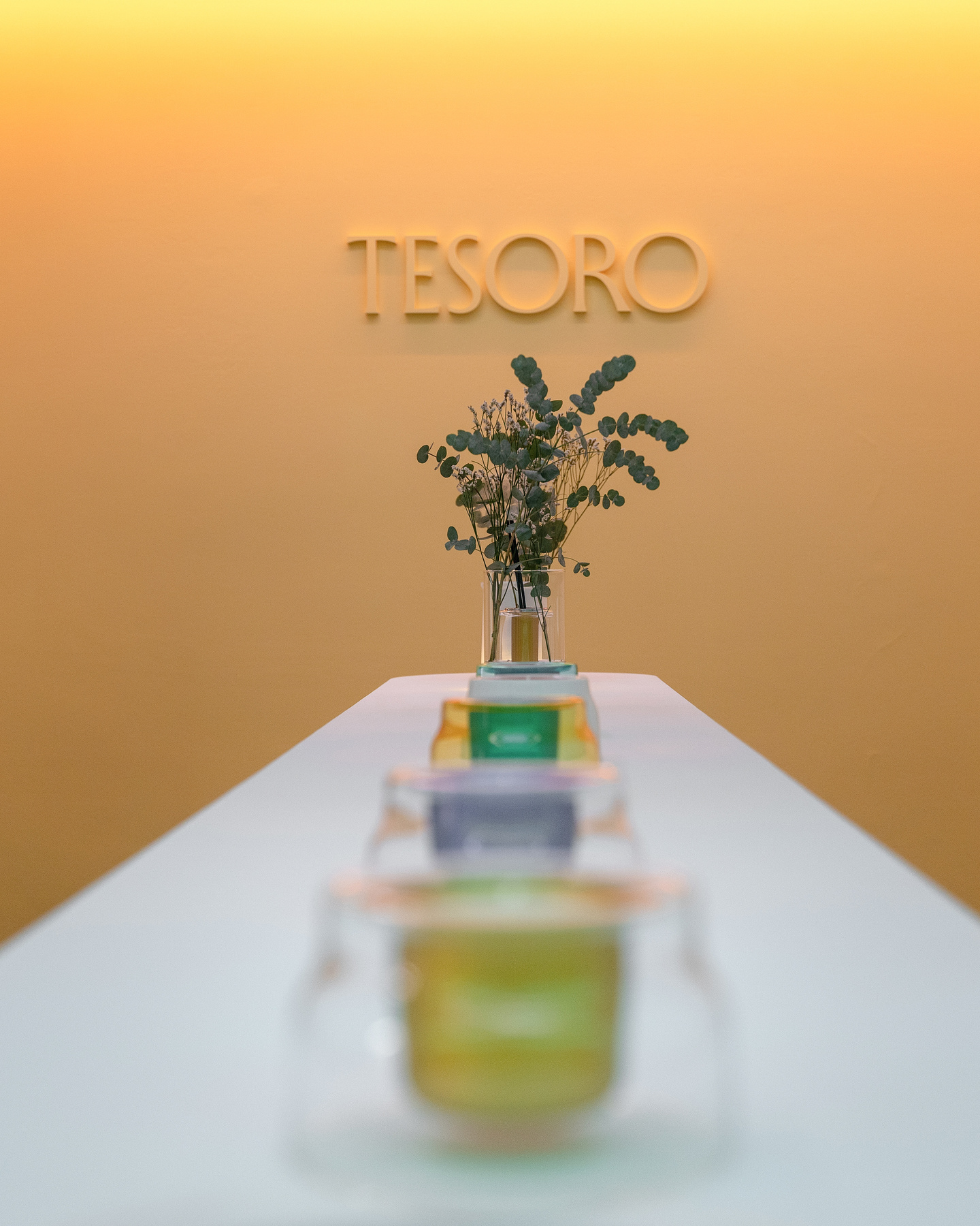 Small potted plant behind colorful candles sitting in front of a lit orange wall.