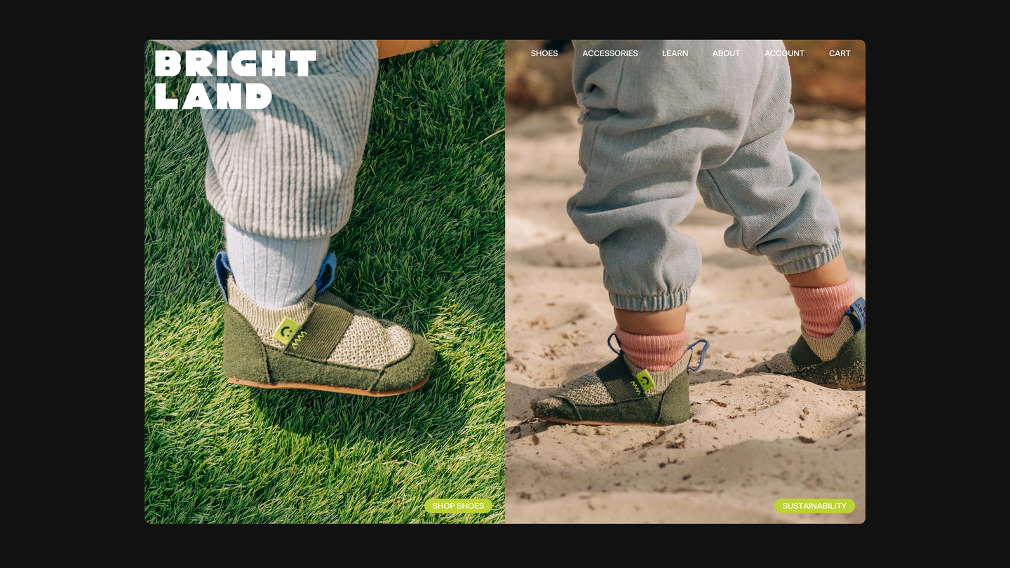 Two combined photos showing a child wearing green fabric shoes on grass and sand.