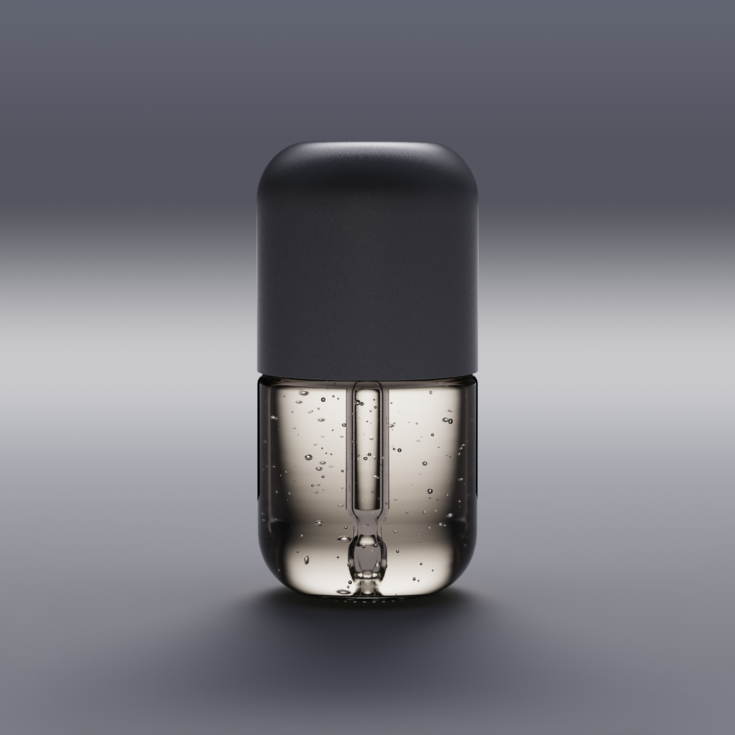 Studio render of a transparent skincare container with a black rounded cap standing on a grey surface