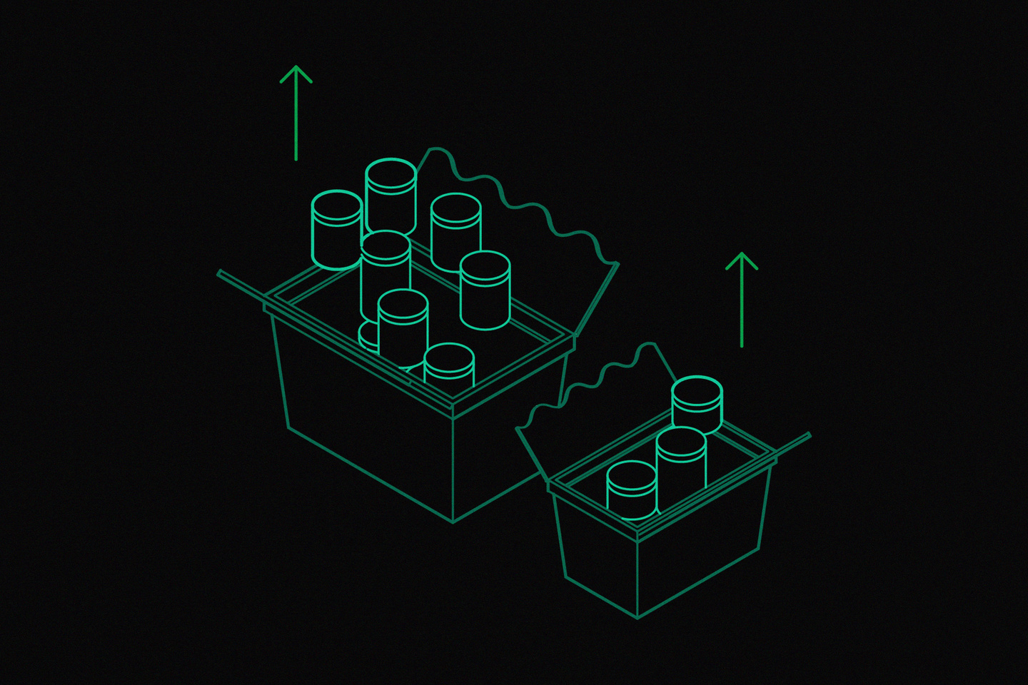 Technical wireframe graphic showing container outline against a dark background.