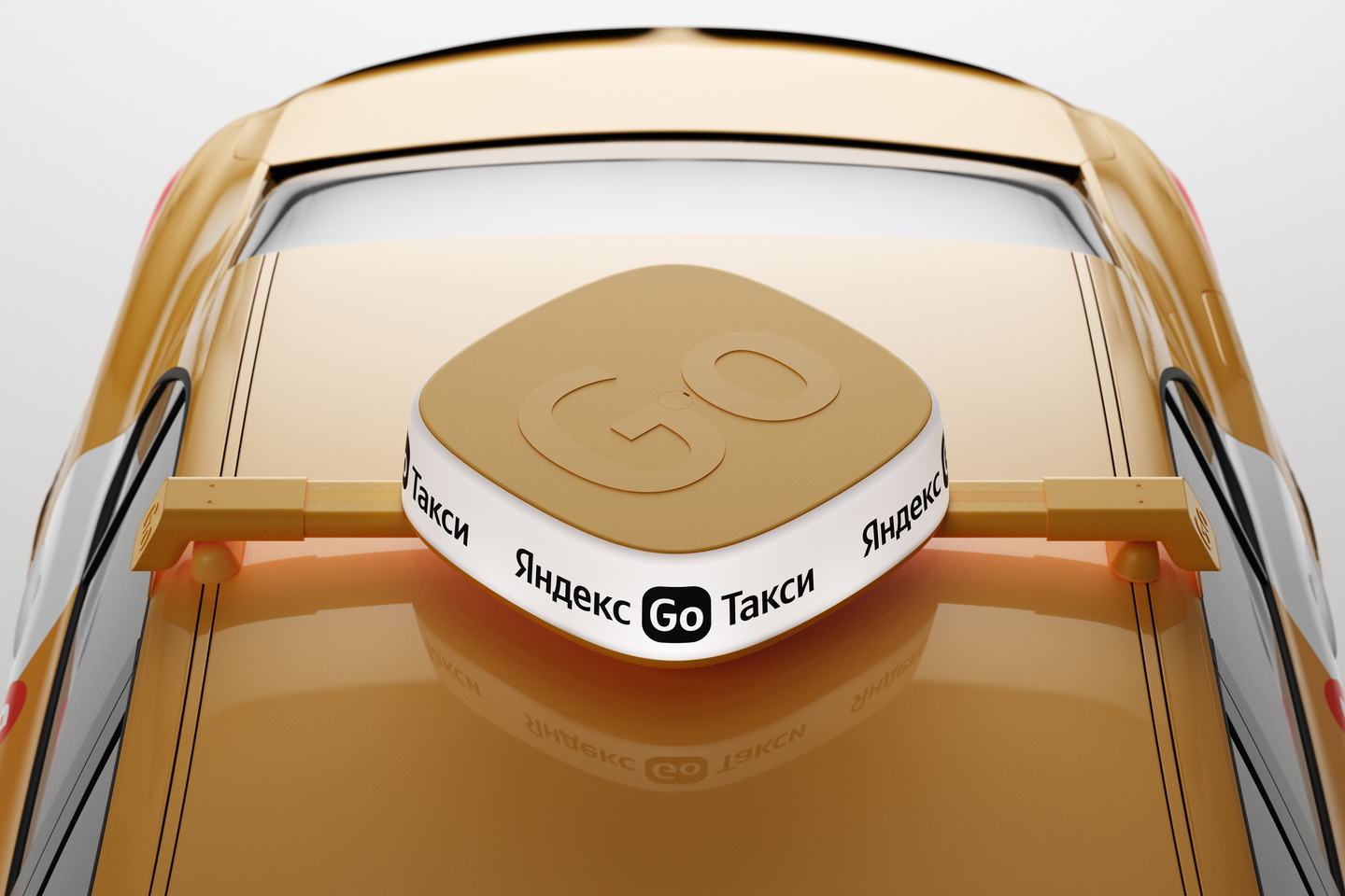 Frontal 3D render of a rounded yellow taxi lightbox with reflective finish