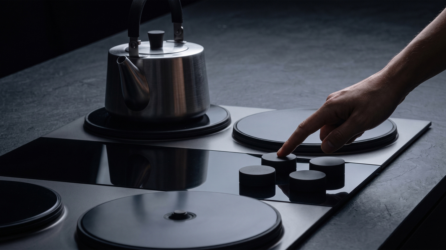 Stainless steel kettle resting on a dark induction stovetop burner