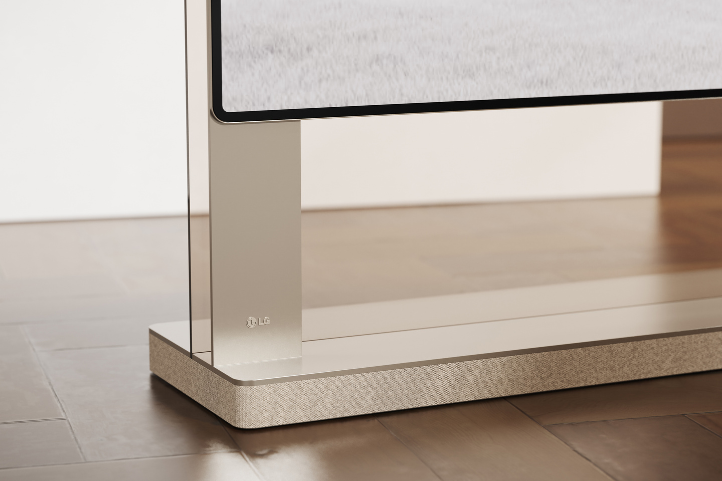 Close-up detail of metallic television stand leg construction.