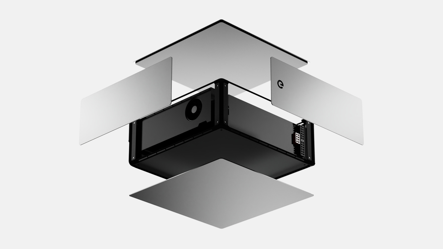 Exploded CAD diagram showing modular panel assembly of electronic computing hardware